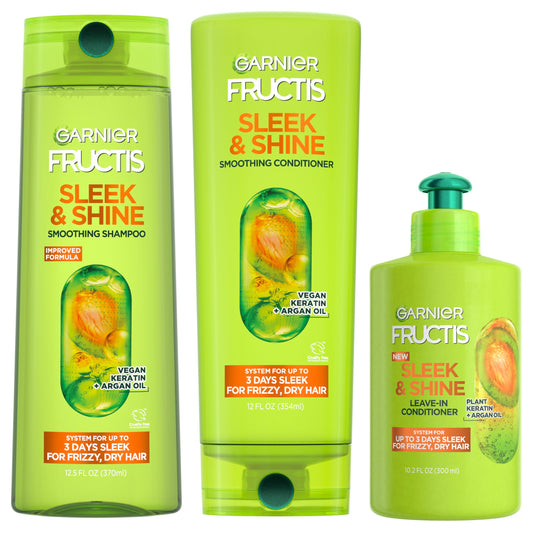 Garnier Fructis Sleek & Shine Shampoo, Conditioner + Leave-In Conditioer Set for Frizzy, Dry Hair, Plant Keratin + Argan Oil (3 Items), 1 Kit Beauty & Personal Care Garnier