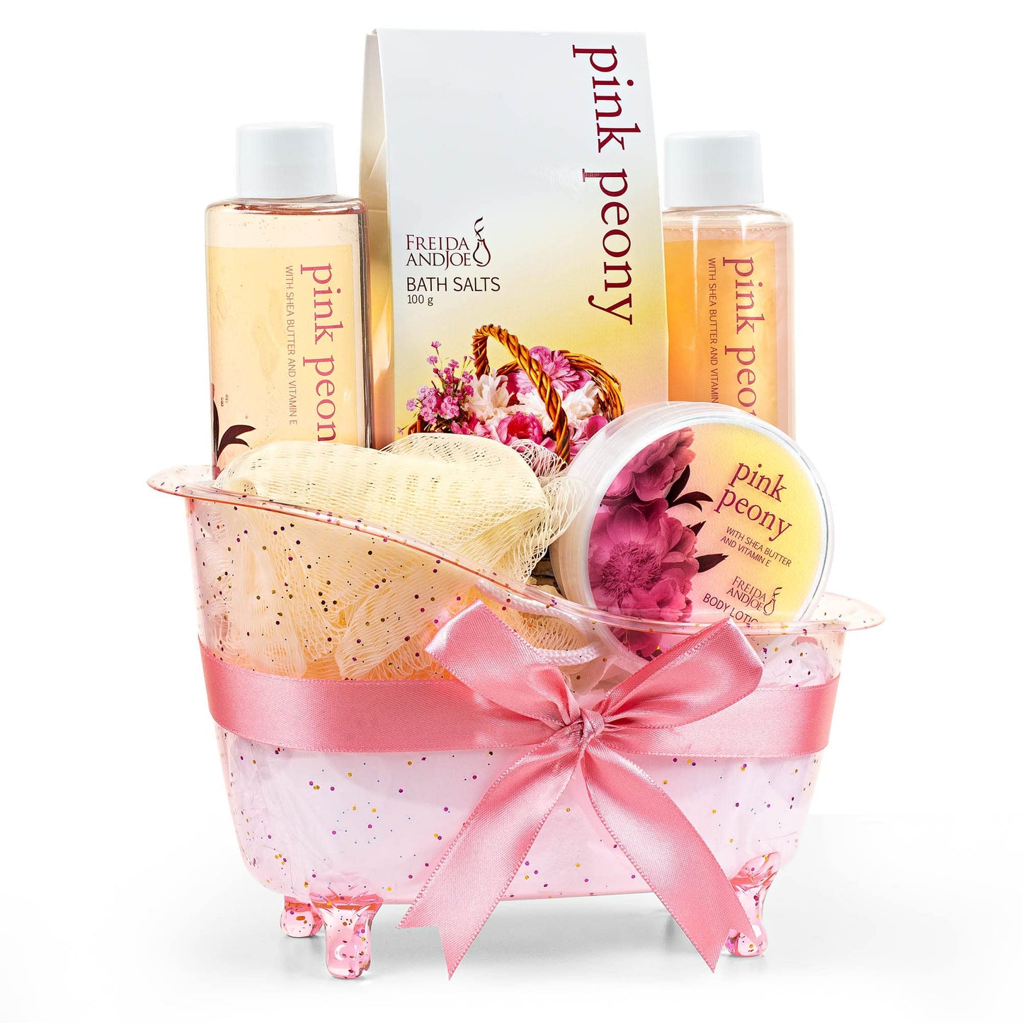 Home Spa Gift Basket Peony Spa Set For Women, Contains Shower Gel, Bubble Bath, Body Lotion, Peony Bath Salt & Puff in a Pink Feminine Tub - Mother's