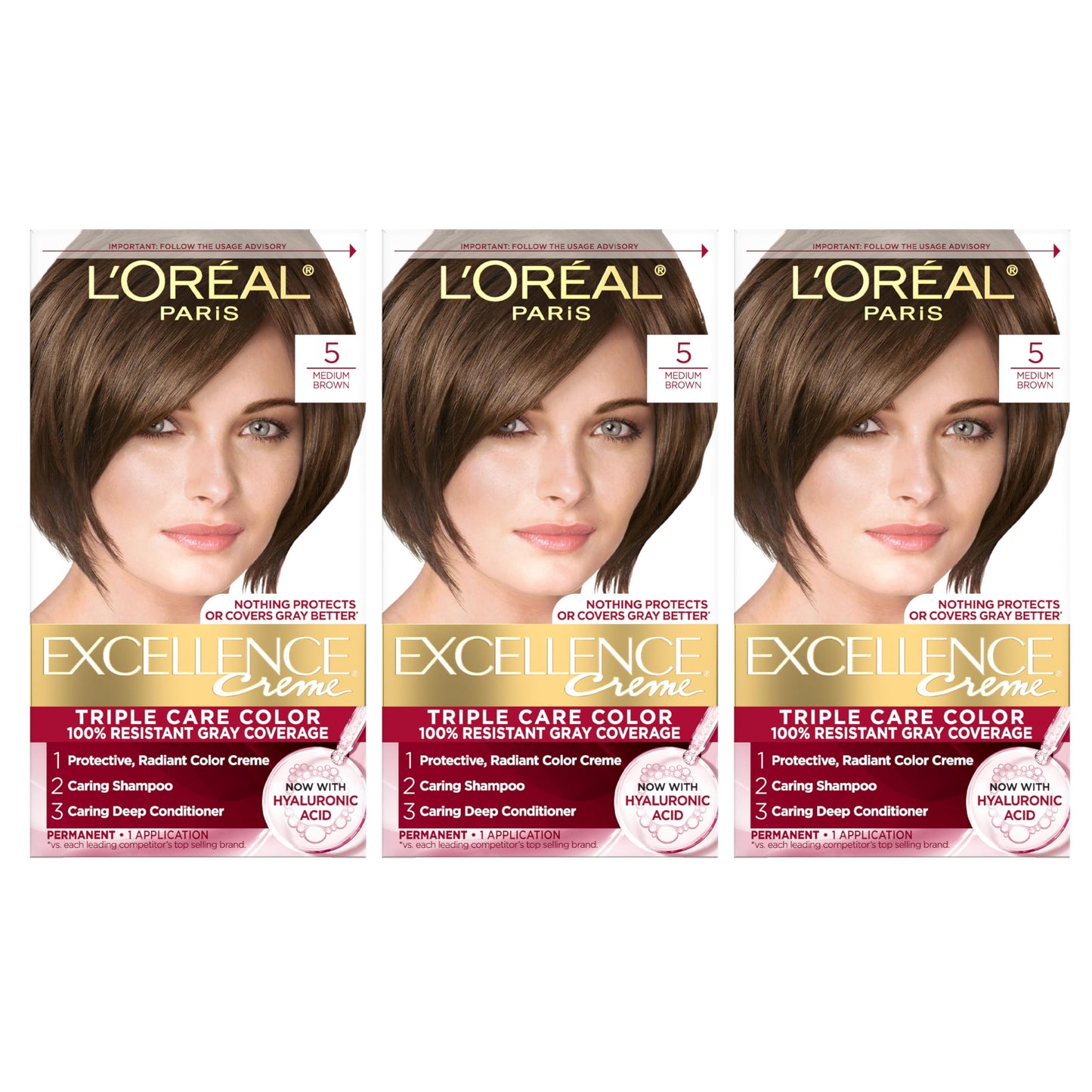 L'Oreal Paris Excellence Crème Permanent Hair Dye, Triple Care Hair Color with Pro-Keratine Complex for 100% Gray Hair Coverage, 5 Medium Brown, 1 Kit