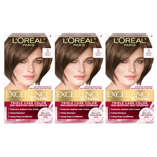 L'Oreal Paris Excellence Crème Permanent Hair Dye, Triple Care Hair Color with Pro-Keratine Complex for 100% Gray Hair Coverage, 5 Medium Brown, 1 Kit