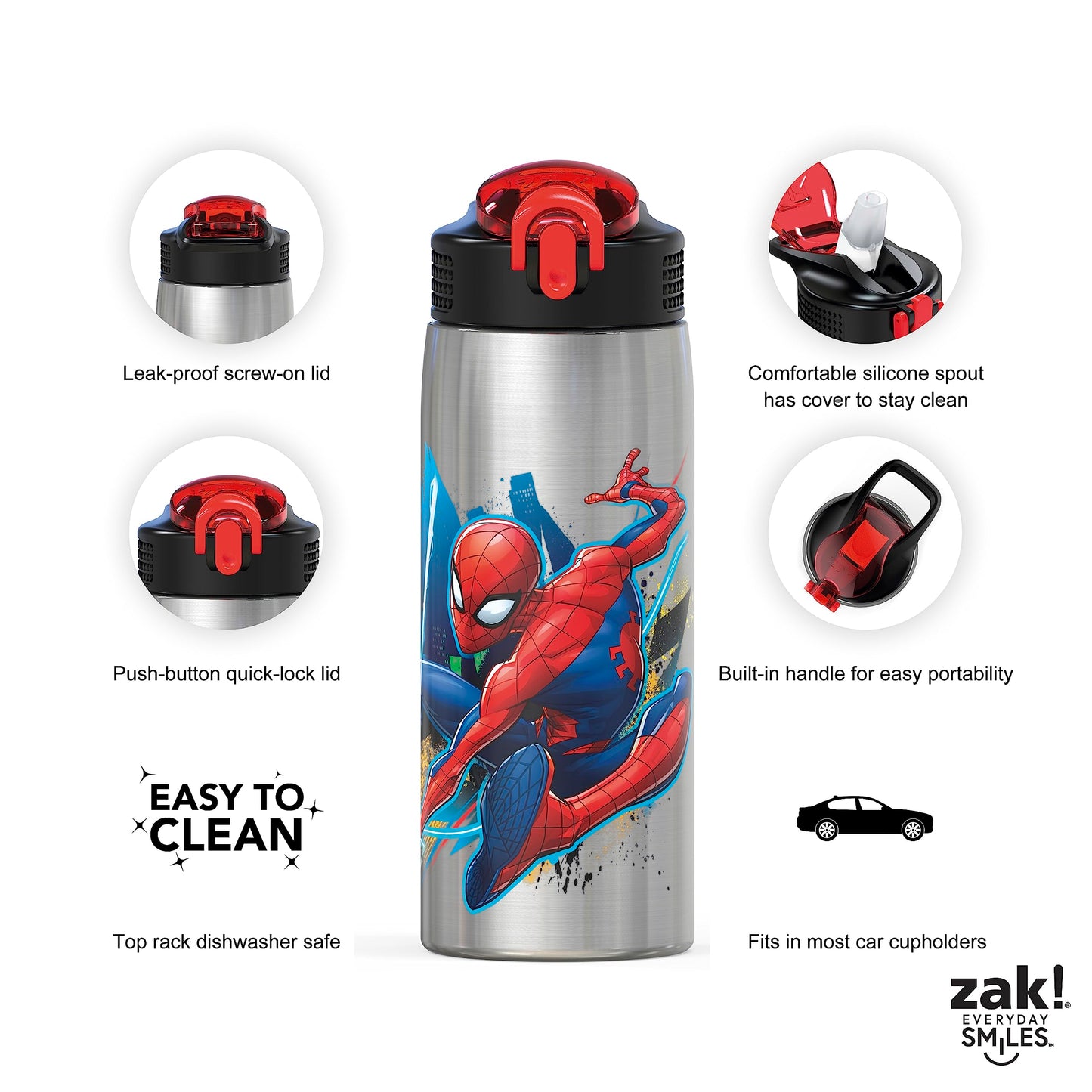 Zak Designs 27oz Marvel 18/8 Single Wall Stainless Steel Water Bottle with Flip-up Straw and Locking Spout Cover, Durable Cup for Sports or Travel