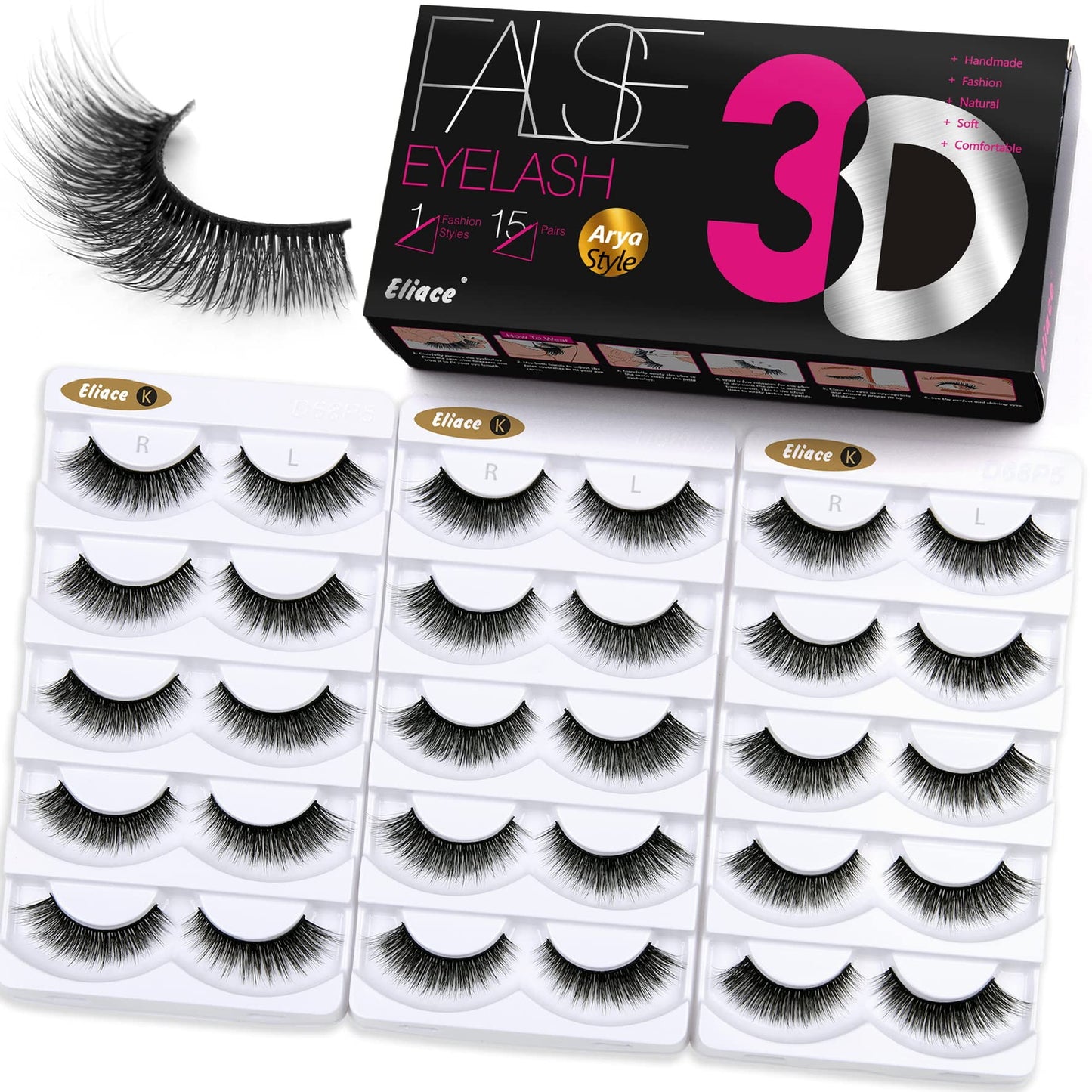 Eliace False Eyelashes Natural look Cat Eye Lashes Wispy Strips,15 Pairs 3D Mink Lashes Fake Eyelashes Volume Fluffy Thin Soft Band Comfortable Long
