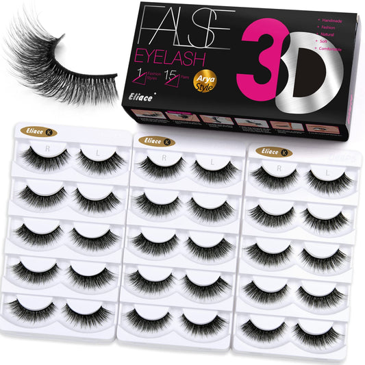 Eliace False Eyelashes Natural look Cat Eye Lashes Wispy Strips,15 Pairs 3D Mink Lashes Fake Eyelashes Volume Fluffy Thin Soft Band Comfortable Long