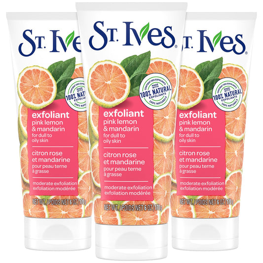 St. Ives Exfoliant Face Scrub 3-Pack - Skin-Brightening Pink Lemon & Mandarin for Glowing Skin, 6 Oz Ea