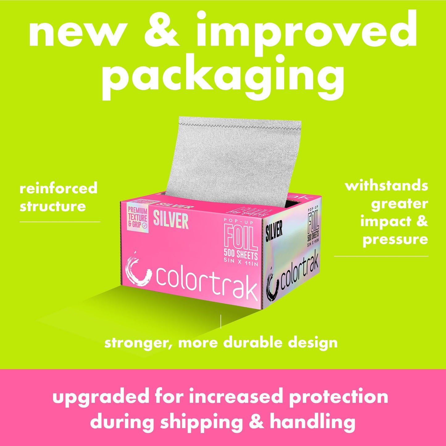 Colortrak Embossed Sheets Silver Aluminum Foil Pop-up Dispenser, 500 Pre-cut Sheets Non-slip Textured, for Hair Foil Coloring and Highlighting