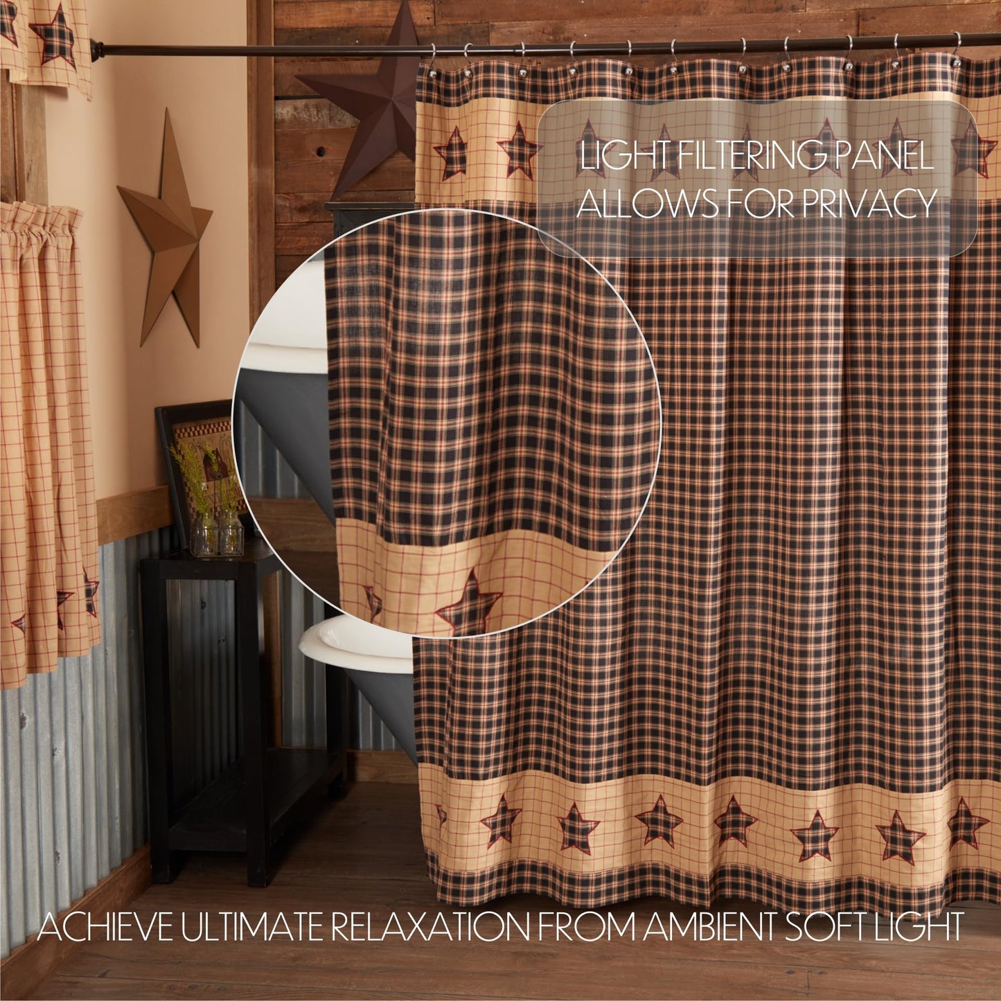 VHC Brands, Bingham Star, Cotton, 72x72, Shower Curtain, Black