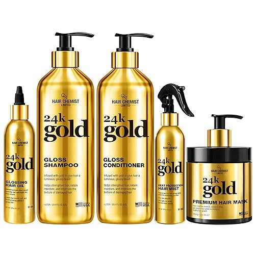 Hair Chemist 24K Gold 5-PC Complete Hair Care Set - Large Shampoo, Conditioner, Hair Oil, Hair Mist & Deep Hair Mask - Strengthening, Hydrating