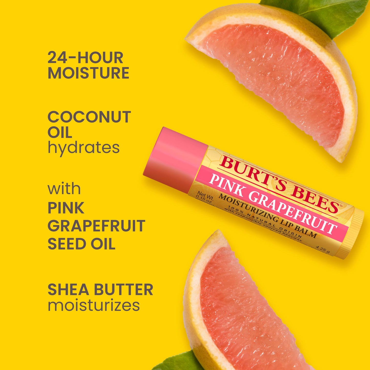 Burt's Bees Lip Balm - Pink Grapefruit, Lip Moisturizer With Responsibly Sourced Beeswax, Tint-Free, Natural Origin Conditioning Treatment, 2 Tubes