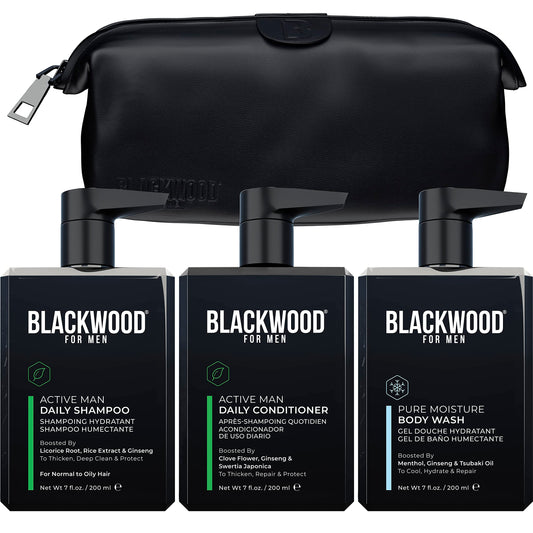 BLACKWOOD FOR MEN Dapper Dad Set including Travel Bag, Active Man Shampoo, Active Man Conditioner, & Pure Moisture Body Wash - Natural Vegan Formula