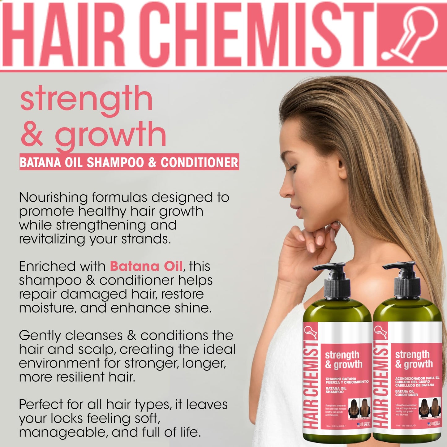 Hair Chemist Strength & Growth Batana Oil Shampoo and Conditioner Set 33.8 oz. (2-PC Set) - Batana Shampoo and Conditioner for Hair Growth, Thickening