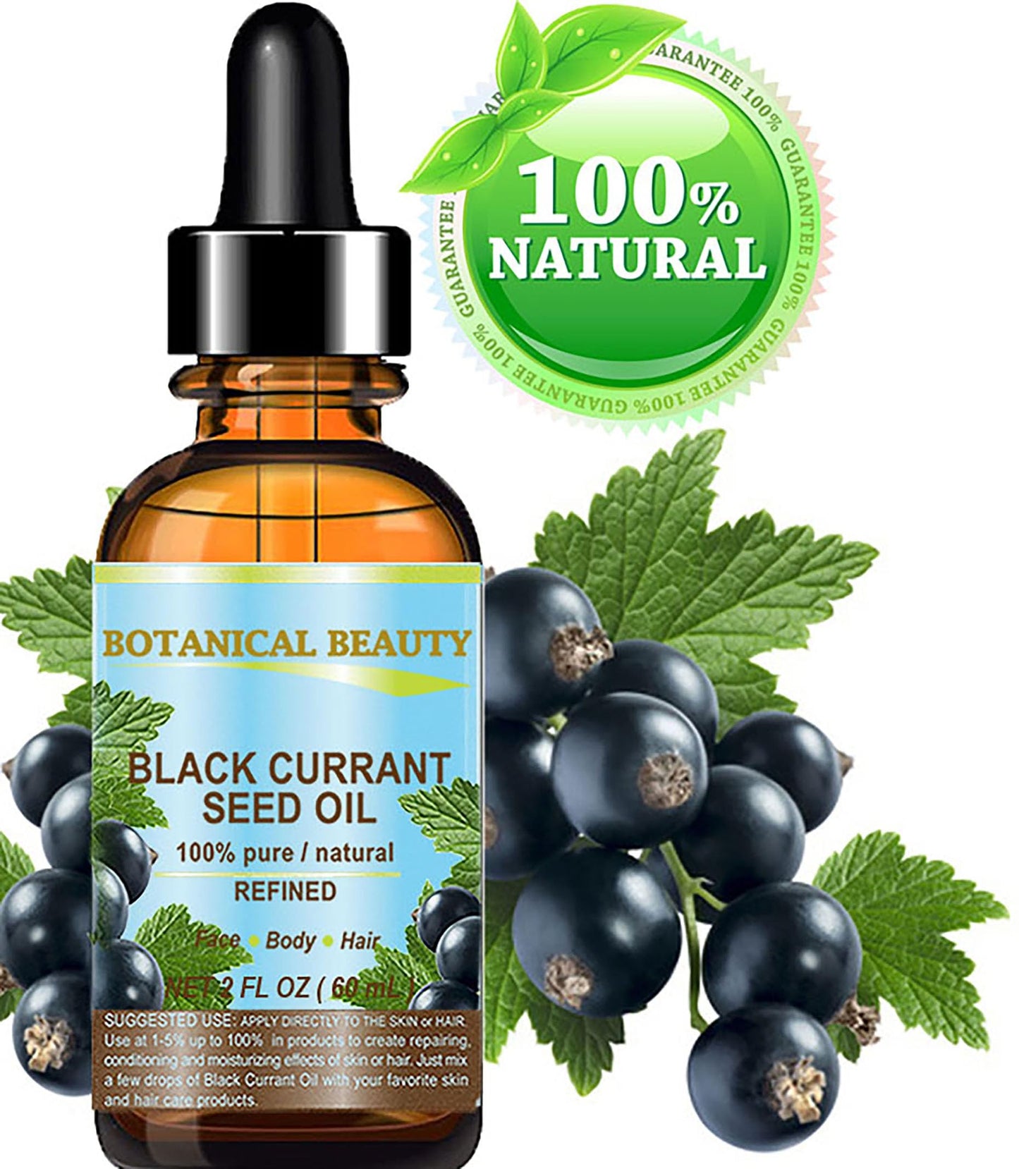 Botanical Beauty BLACK CURRANT SEED OIL 100% Pure Natural Undiluted Refined Cold Pressed Carrier Oil for Skin, Hair, Lip and Nail Care (2 Fl Oz)