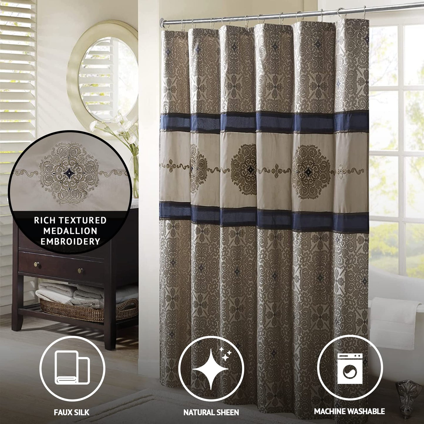 Madison Park Donovan Shower Curtain, Embroidered Jacquard Weave Design, Traditional Bathroom Décor, Machine Washable, Fabric Privacy Screen, 72x72…