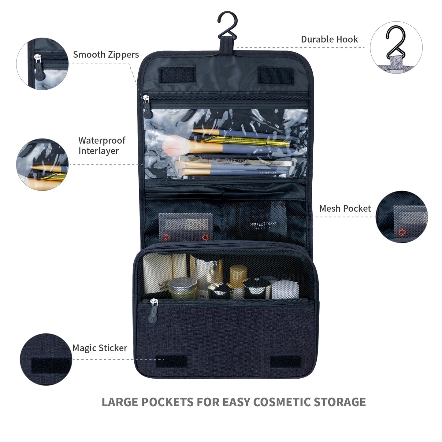Lcsmaokin Large Capacity Toiletry Bag Travel Bag with Hanging Hook for Men and Women Waterproof Travel Cosmetic Bag Bathroom Storage Bag for Brushes Beauty and Personal Care Lcsmaokin