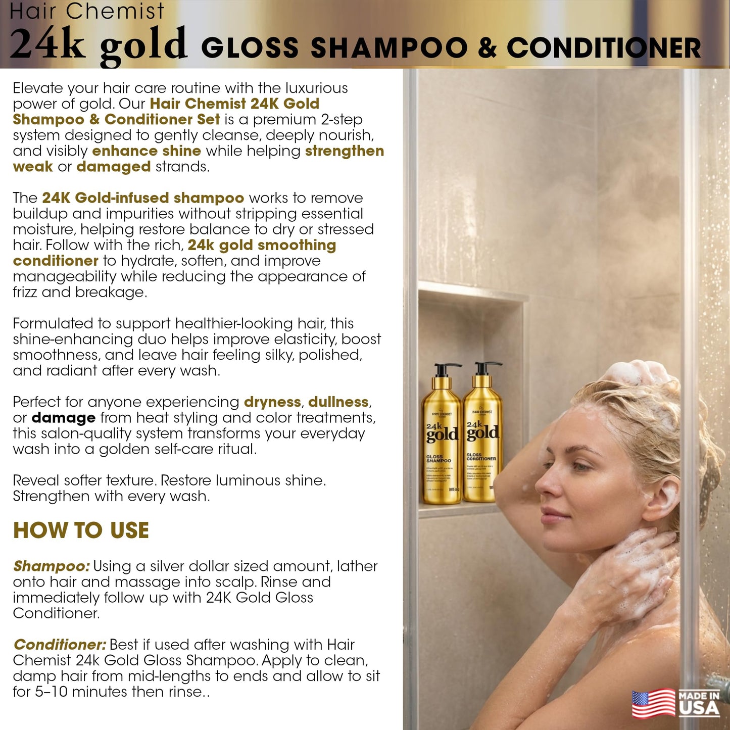 Hair Chemist 24K Gold 5-PC Complete Hair Care Set - Large Shampoo, Conditioner, Hair Oil, Hair Mist & Deep Hair Mask - Strengthening, Hydrating