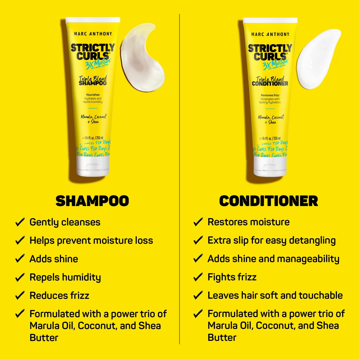 Marc Anthony Strictly Curls 3x Moisture Deep Shampoo & Conditioner for Curl Defining & Anti Frizz - Shea Butter, Marula Oil, Aloe & Coconut Oil