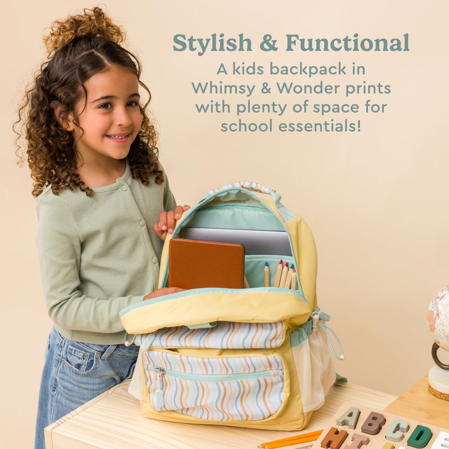 Bentgo Kids Backpack (Whimsy & Wonder Collection) - Lightweight 14’’ for School, Travel & Daycare - Ideal for Kids 4+, Durable & Water-Resistant, Roomy Interior, Loop for Lunch Bag (Wavy)