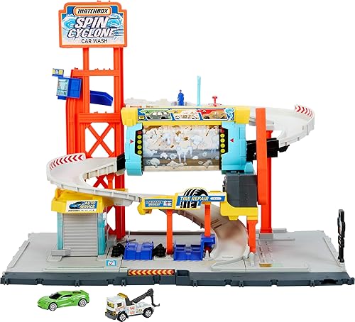 Matchbox Toy Car Track Set, Spin Cyclone Car Wash Playset with 1:64 Scale Corvette & Tow Truck, Features Spinning Wash Tunnel, Tune-Up Shop & Parking