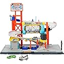 Matchbox Toy Car Track Set, Spin Cyclone Car Wash Playset with 1:64 Scale Corvette & Tow Truck, Features Spinning Wash Tunnel, Tune-Up Shop & Parking