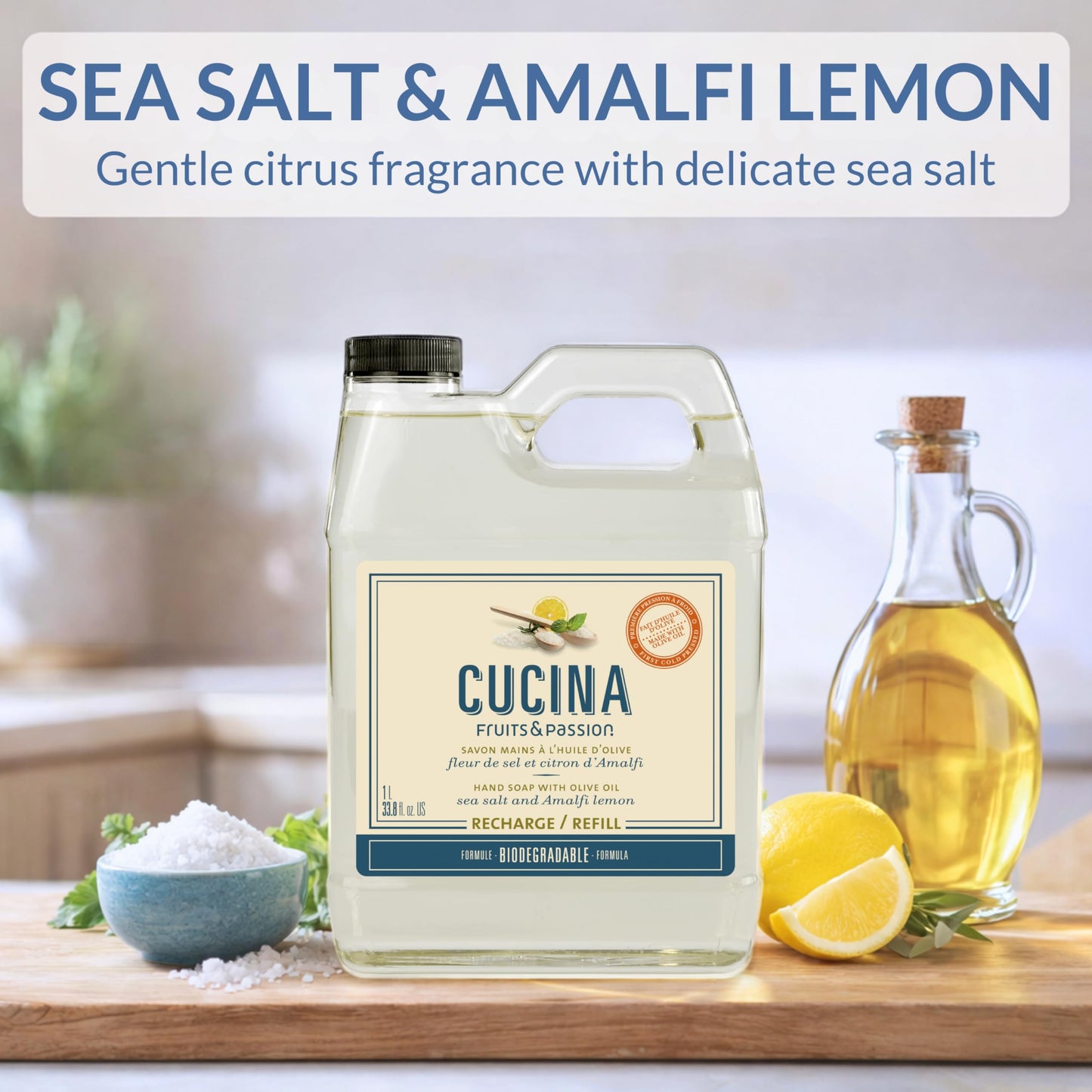 Cucina Fruits & Passion Hand Soap Refill, Sea Salt & Amalfi Lemon, 33.8 fl oz (1L) Each, 2-Pack, Biodegradable Liquid Hand Soap with Olive Oil