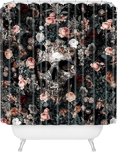 Society6 Shower Curtain - Bathroom Decor by Burcu Korkmazyurek - Extra Long Fabric Shower Curtains for Bathroom, 71" x 74", Skull and Floral