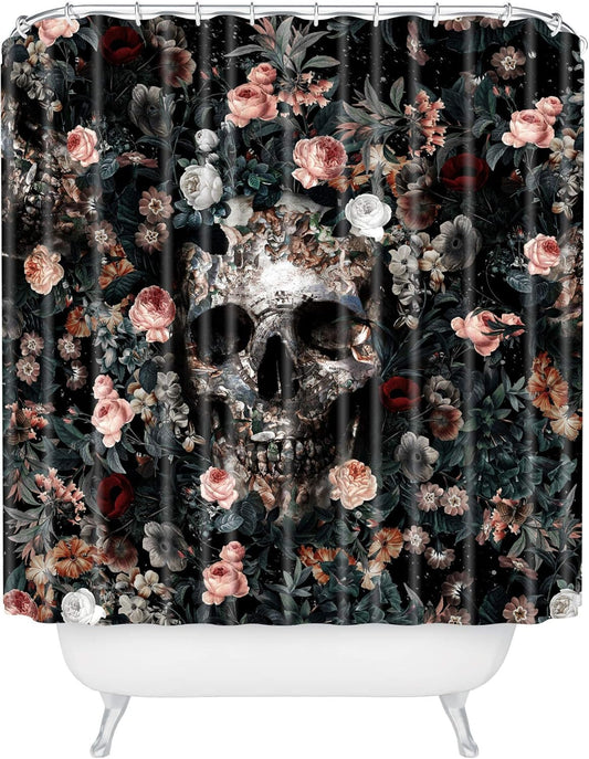 Society6 Shower Curtain - Bathroom Decor by Burcu Korkmazyurek - Extra Long Fabric Shower Curtains for Bathroom, 71" x 74", Skull and Floral