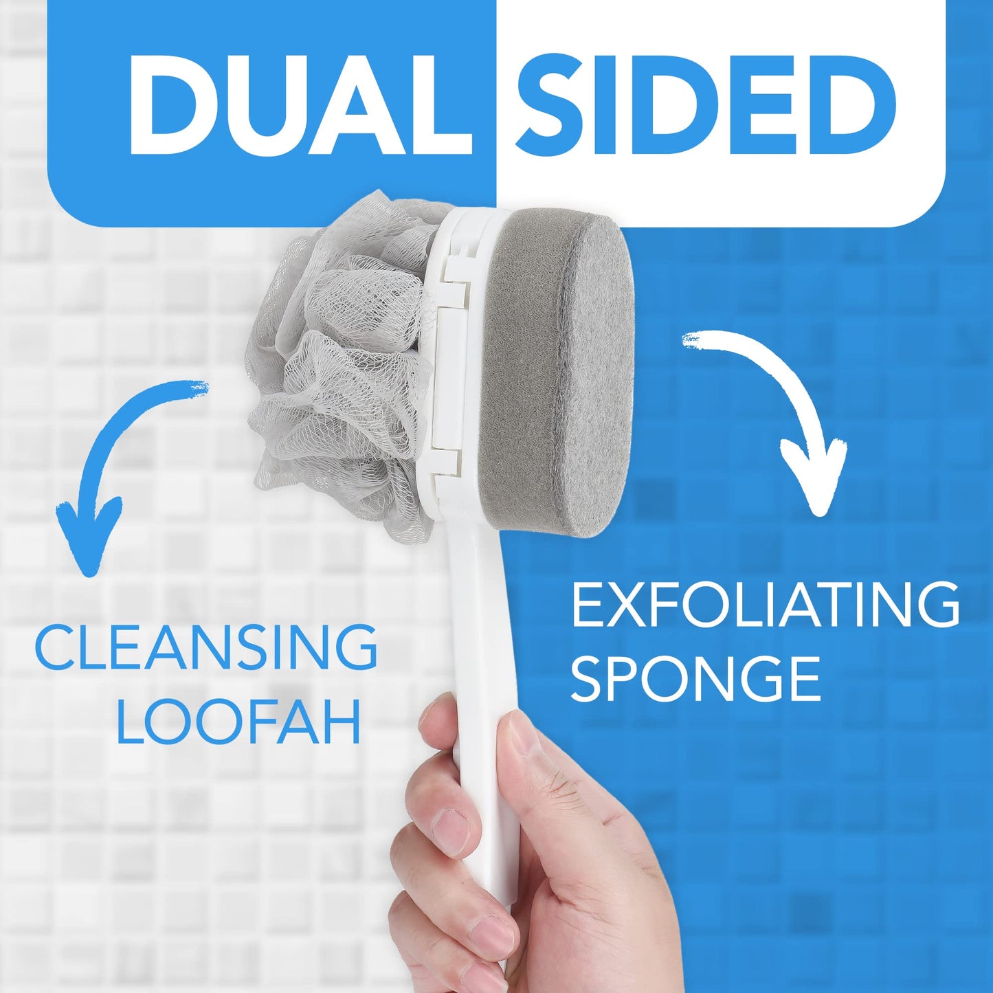 Impresa Extra Long Handle Shower Brush - Dual-Action Loofah & Exfoliating Sponge Body Scrubber - Ergonomic Grip Back Scrub Brush - Replacement Loofah