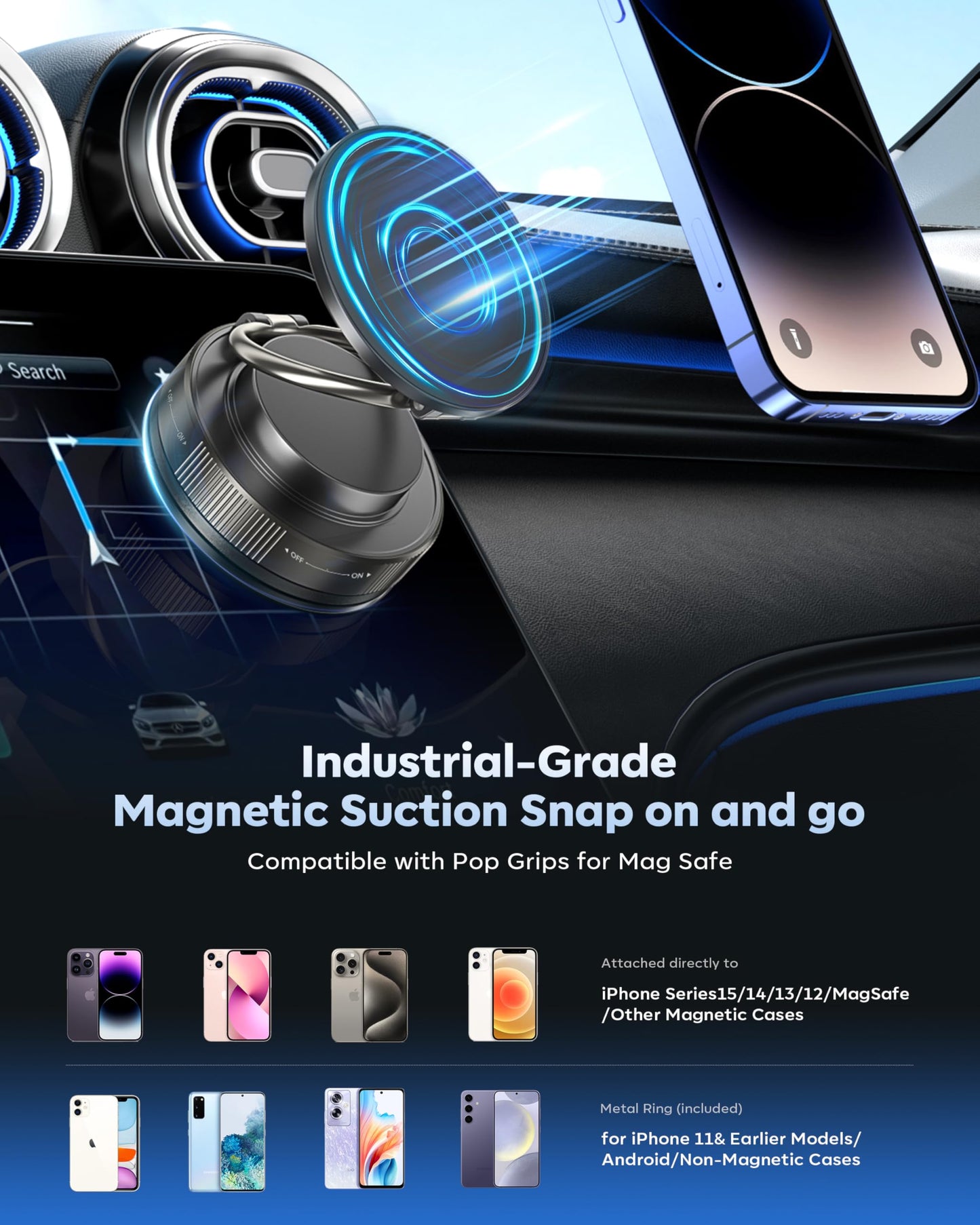 Vacuum Magnetic Phone Holder for Car,2800gf Strong Magnetic Phone Mount,360° Adjustable & Reinforced Suction Cup for Dashboard/Mirror,Car Phone…