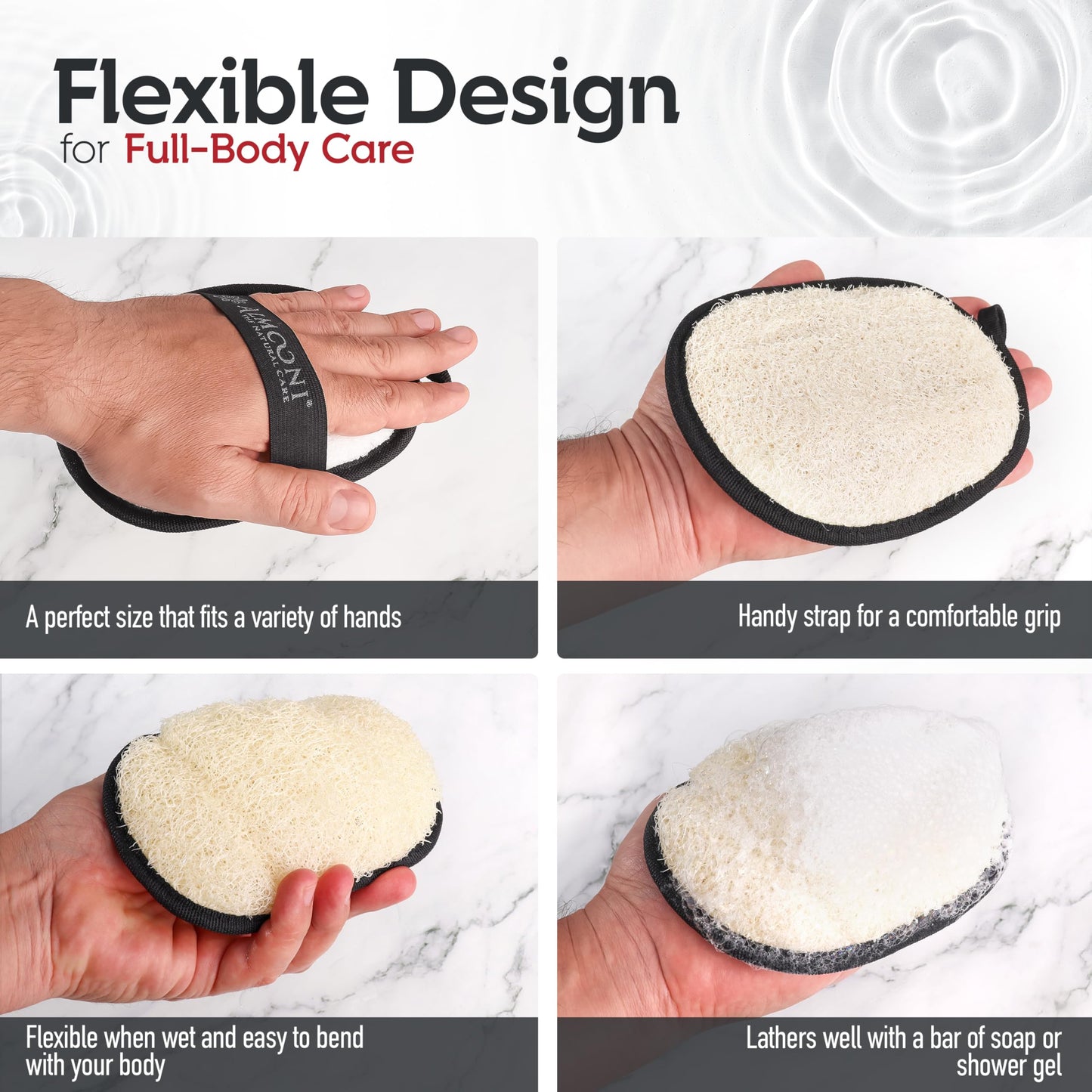 Almooni Natural Exfoliating Loofah for Men, Lightly Abrasive Egyptian Loofah Body Scrubber for Men, Dual-Sided with Cotton Back, Hand Strap, Black Beauty and Personal Care ALMOONI