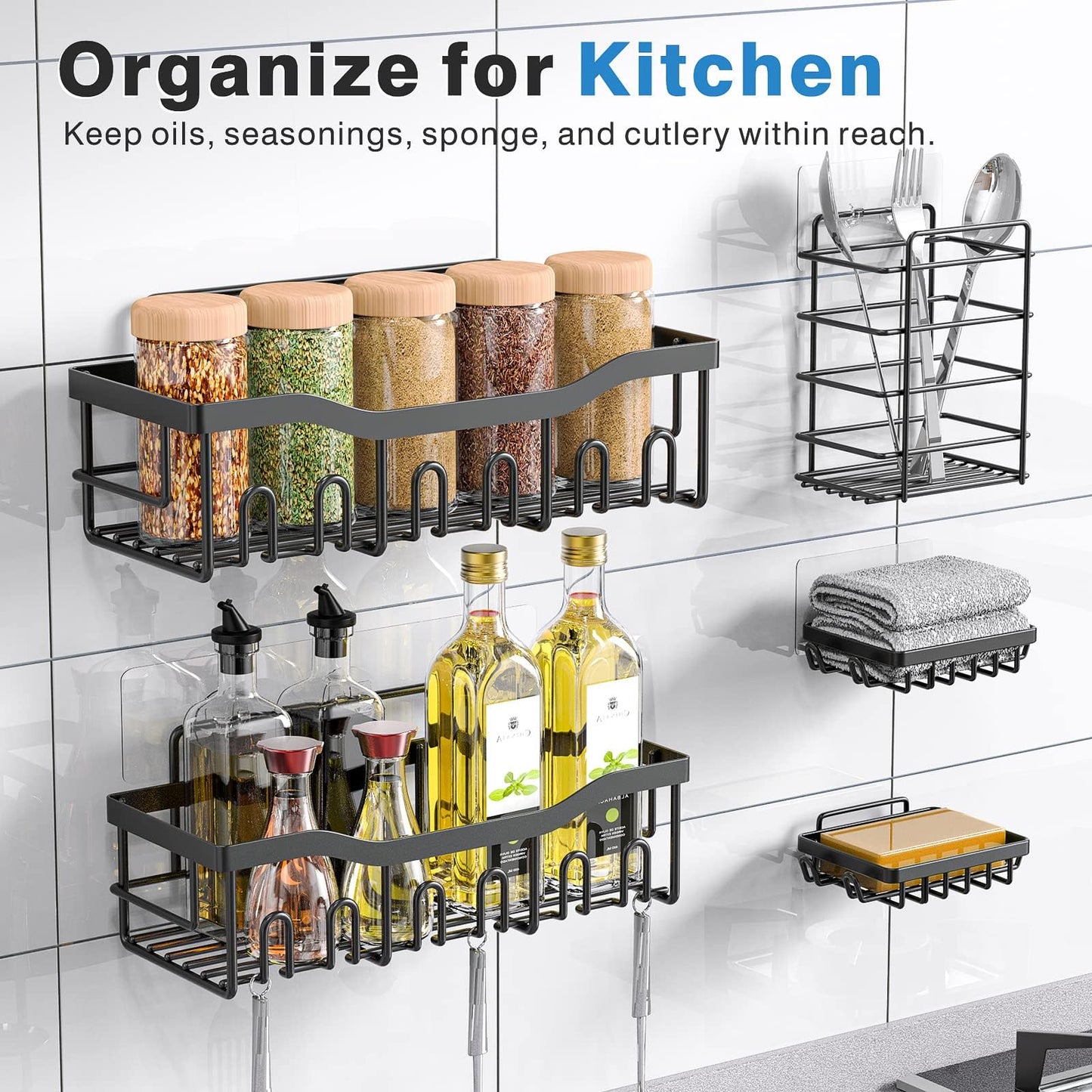EUDELE Adhesive Shower Caddy 5-Pack, Rustproof Stainless Steel Bathroom Shelves, No-Drill Storage Organizers, Large Capacity