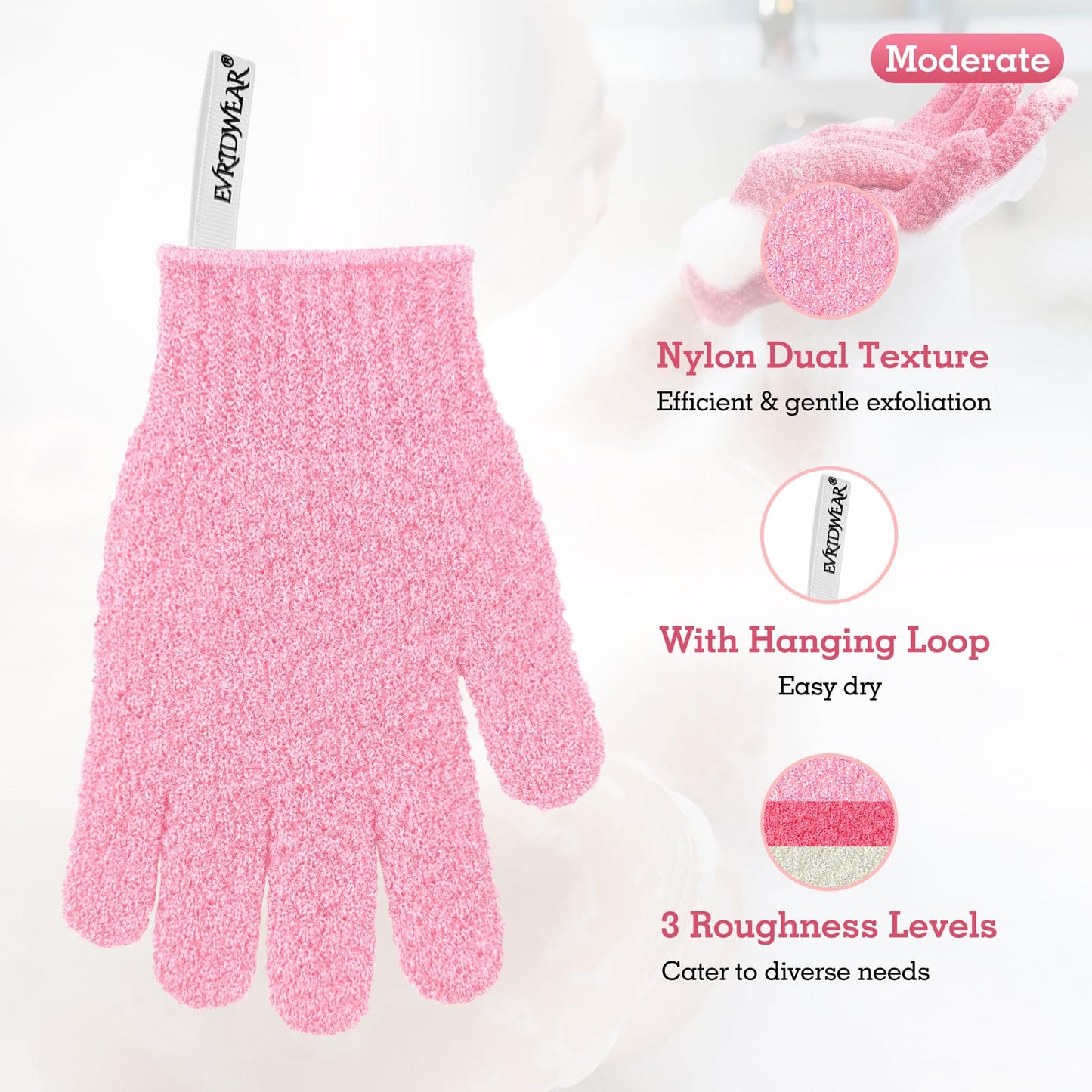 Evridwear Exfoliating Glove Shower Gloves Exfoliate Dead Skin for Dry Sensitive Skin No Irritation with Hanging Loop (Pink Moderate Exfoliation)