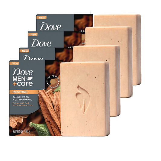 Dove Men+Care Cleansing Bar Soap Sandalwood + Cardamom Oil 4 Bars to Rebuild Skin in the Shower, a 4in1 Hair, Body, Face & Shaving Bar