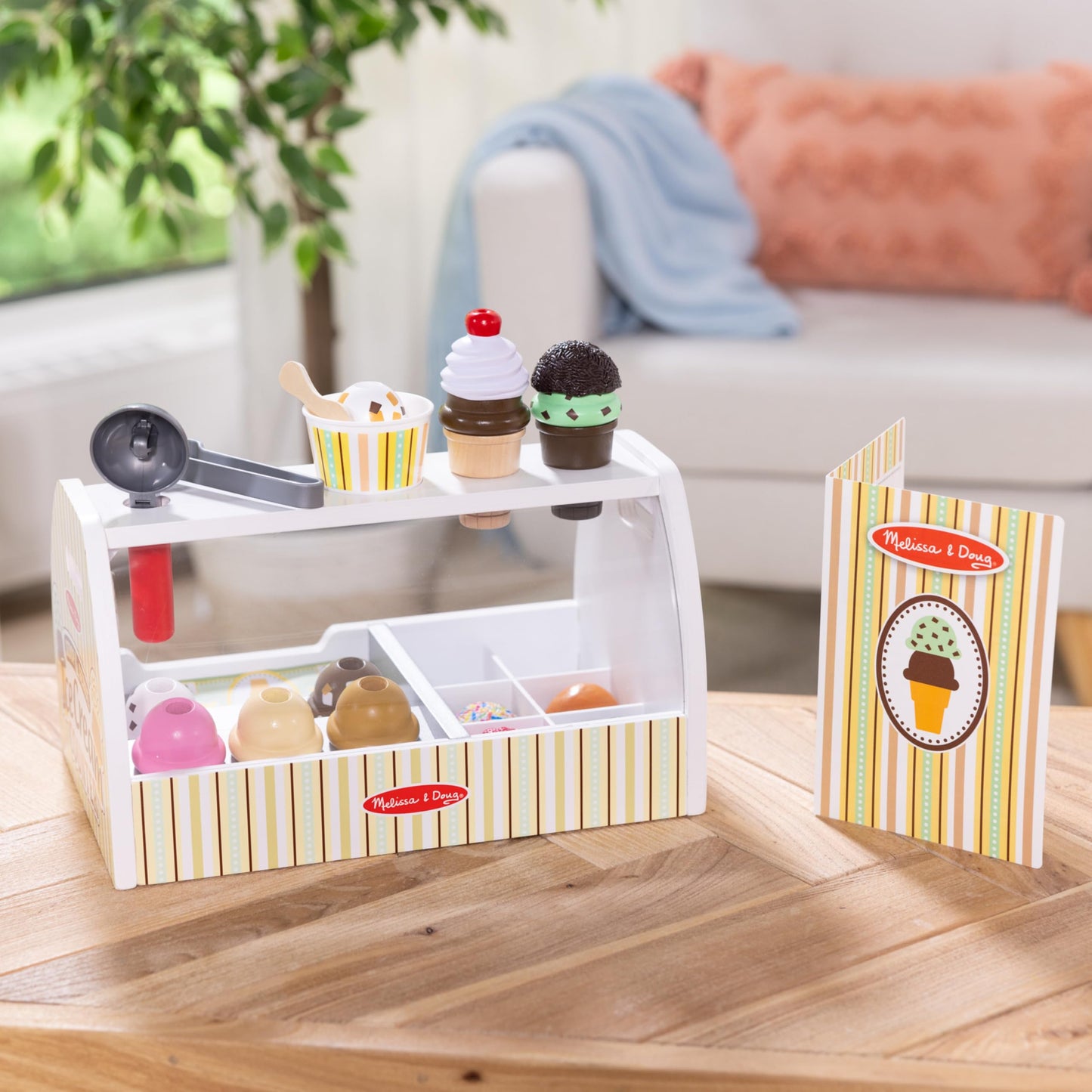 Melissa & Doug Wooden Scoop and Serve Ice Cream Counter (28 pcs) - Play Food and Accessories
