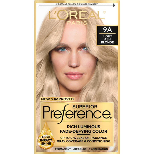 L'Oreal Paris Superior Preference Luminous Fade-Defying Permanent Hair Color, Hair Dye For Up to 9 Weeks of Radiance, Light Ash Blonde 9A, 1 Hair Dye
