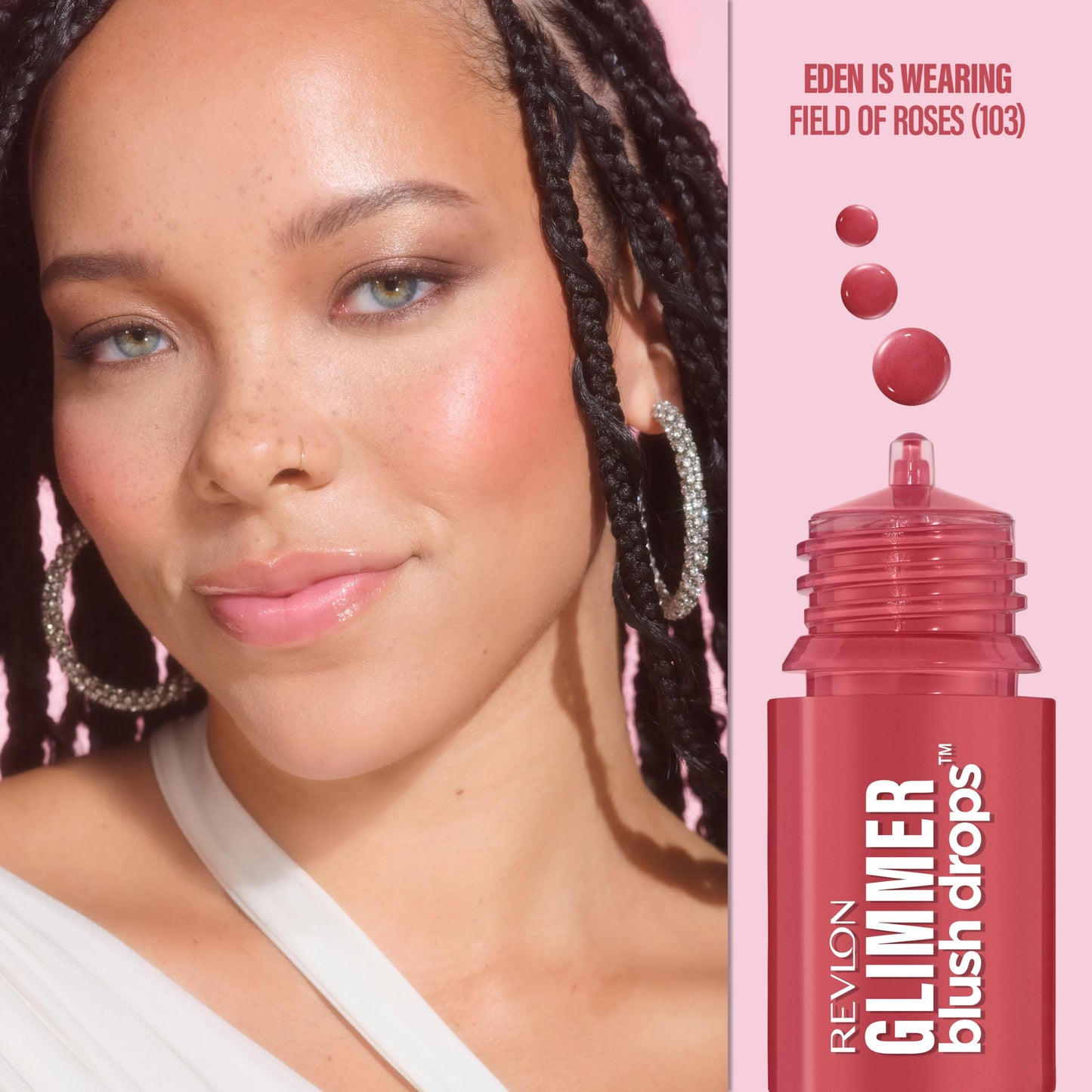 Revlon Glimmer Blush Drops, Liquid Blush for Cheeks, Liquid to Velvety Powder Finish, Glowy, High Pigment, 103 Field of Roses, 0.32 fl oz
