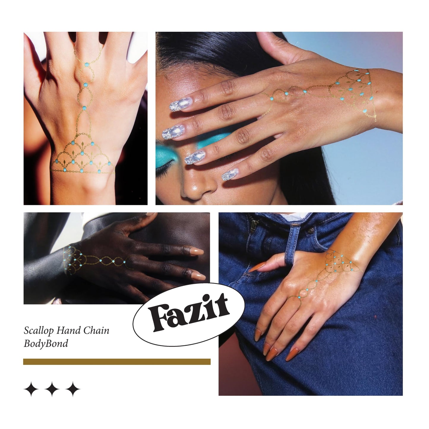 Fazit Makeup Patches - Scallop Hand Chain Bodybond - Glow Up Make-Up Patches - Cute Glitter Makeup Accessories for Women - Cosmetic Body Glitter
