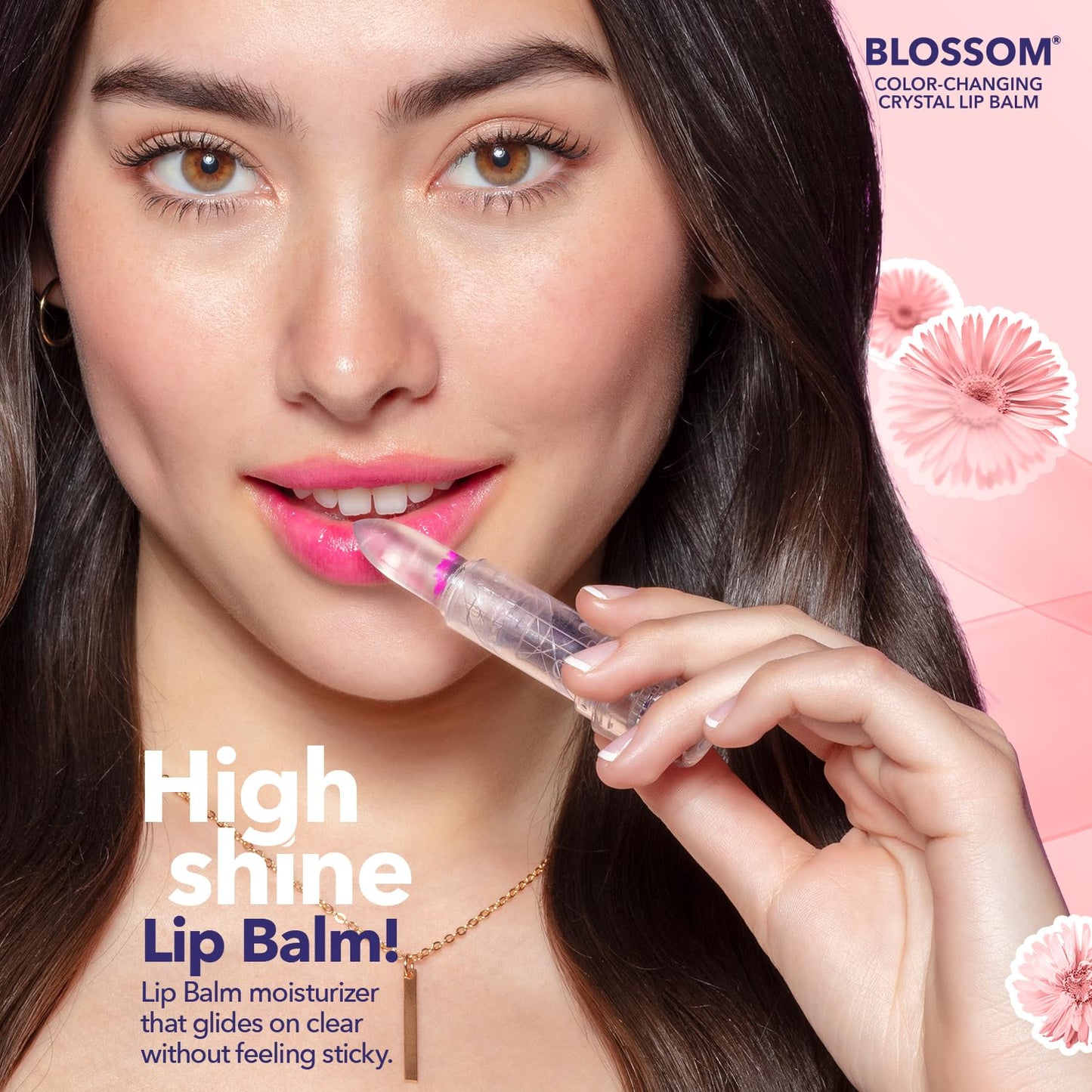 Blossom Lip Gloss Moisturizing pH Lip Balm, Strawberry Scented Color Changing Crystal Lip Stain Tint, Infused with Real Flowers, 3g, Pink