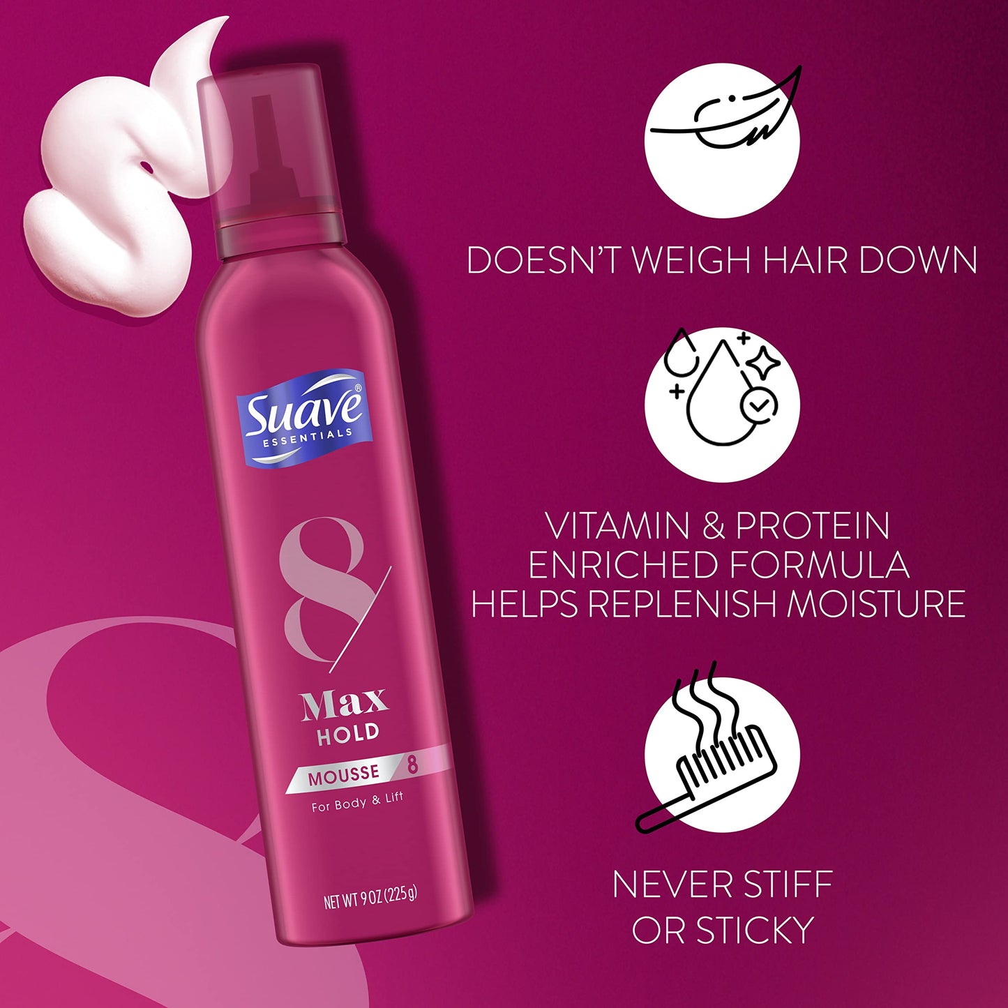 Suave New 800263 Mousse 9Oz 8 Max Hold Volumizing (12-Pack) Hair Care Wholesale Bulk Health and Beauty Hair Care Assorted
