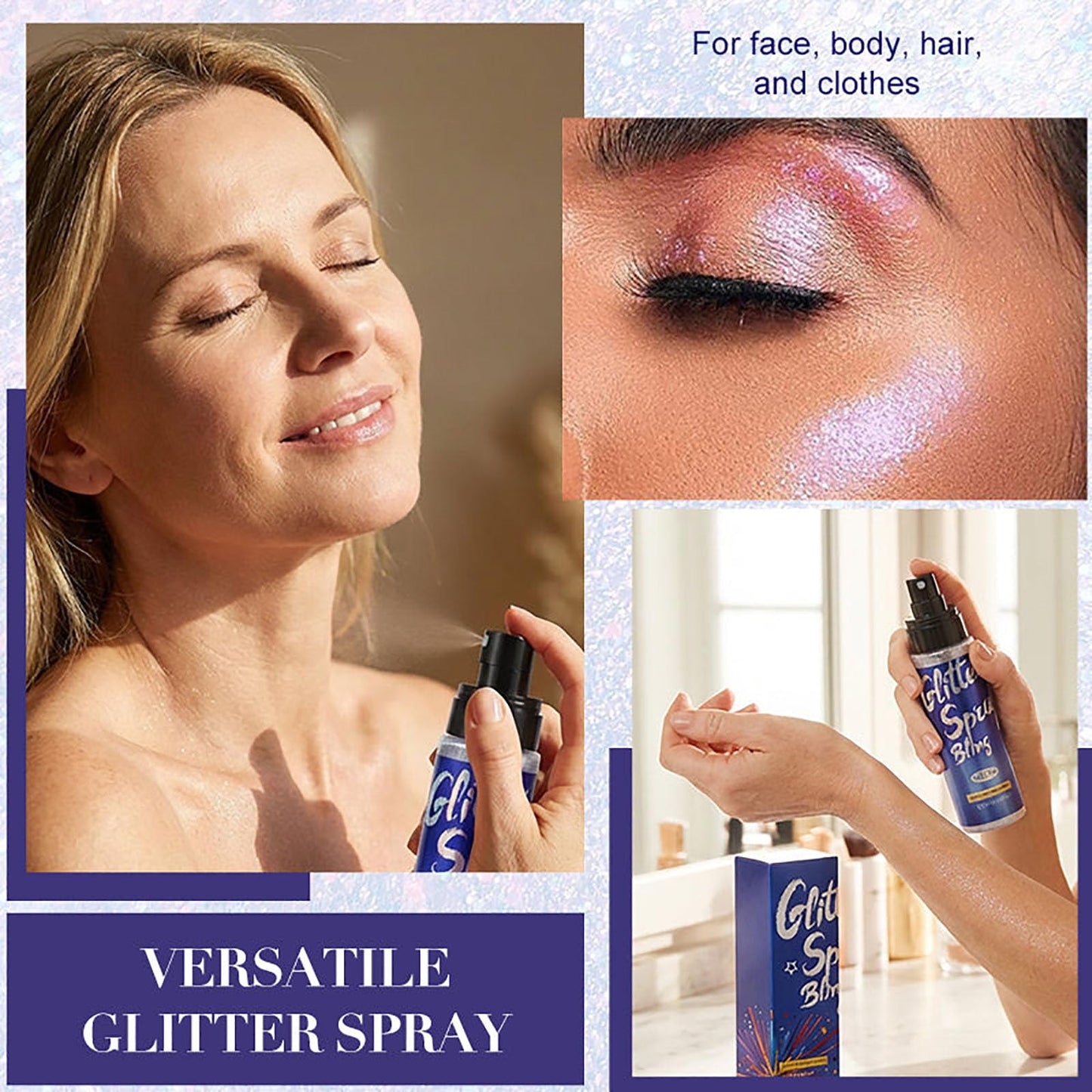 Long-Lasting Body Glitter Spray, Hair and Body Glitter for Women, Quick-Drying Shimmer Mist for Face Hair Clothes, Holographic Sparkle Spray