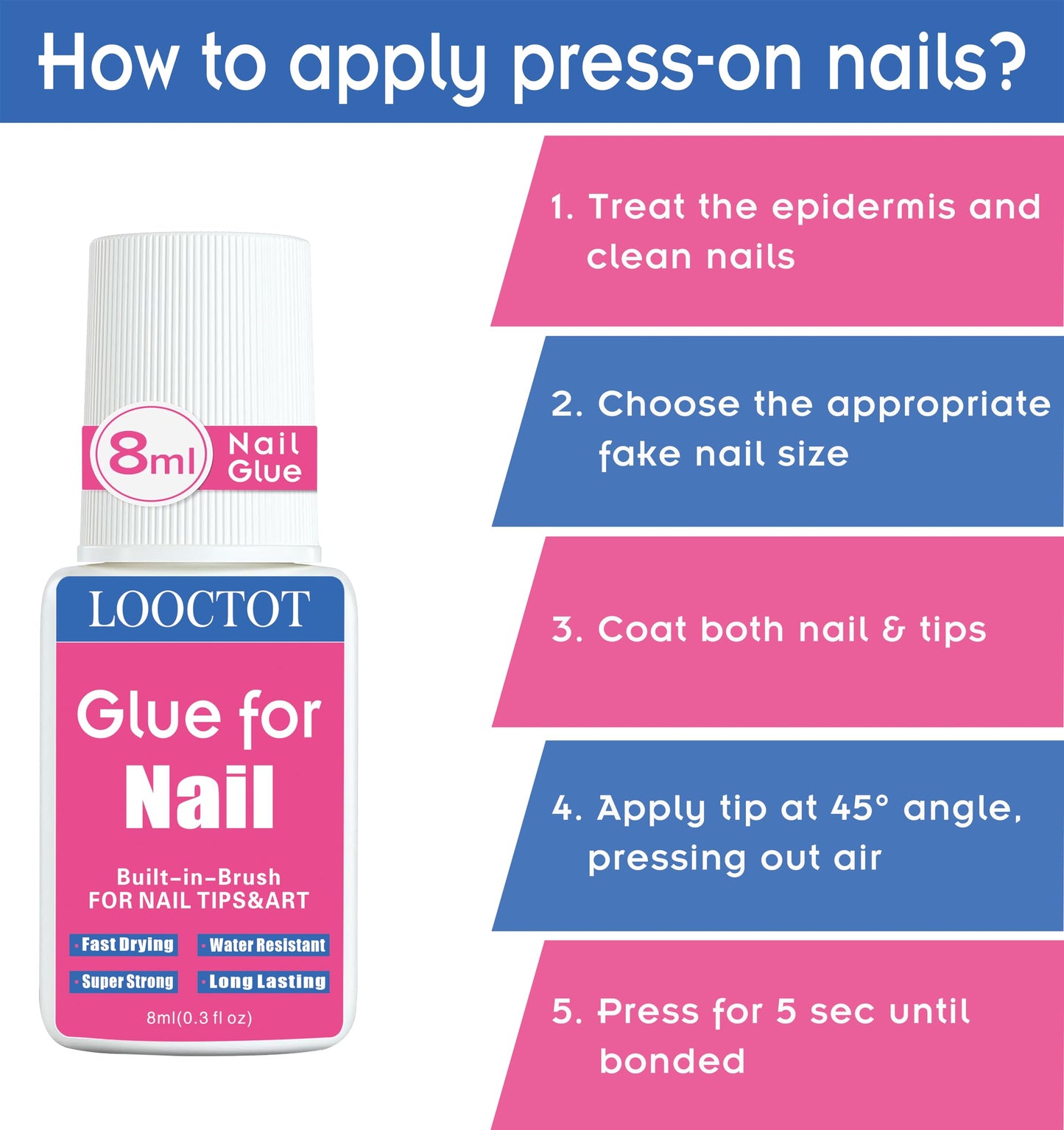 Super Strong Nail Glue for Nail Tips,Acrylic Nails and Press on Nails,Built in Brush on Nail Glue for Press on Nails,Long Lasting Nail Cement(8ml*2) Beauty and Personal Care LOOCTOT