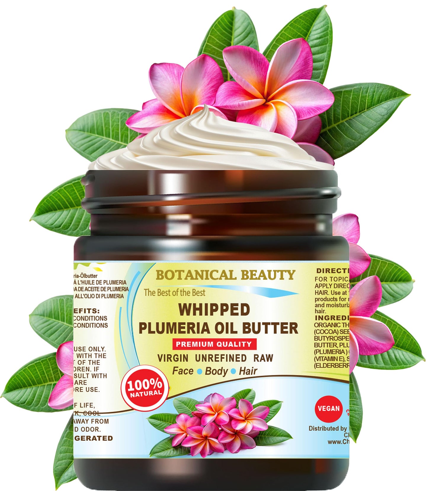 Botanical Beauty Whipped PLUMERIA OIL BUTTER 100% Natural Pure RAW. Cocoa Butter, Shea Nut Butter, Plumeria Oil Virgin Unrefined Cold Pressed