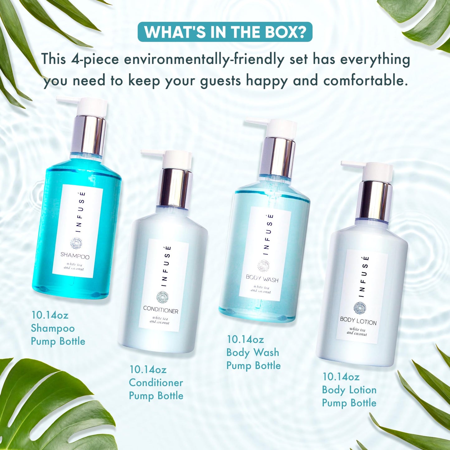 1-Shoppe Infuse 4 Piece Ecobox All-In-Kit | White Tea and Coconut Soap | 1 Shampoo, 1 Conditioner, 1 Body Wash and 1 Lotion | 10.14 oz Hotel Soaps