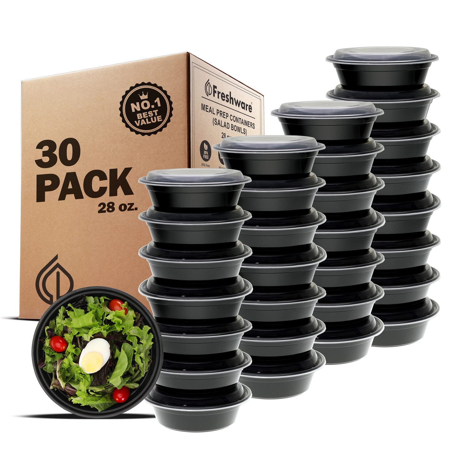 Freshware Meal Prep Bowl Containers [30 Pack] Plastic Bowls with Lids for Soup and Salad, Food Storage Bento Box, BPA Free, Stackable, Lunch Boxes…