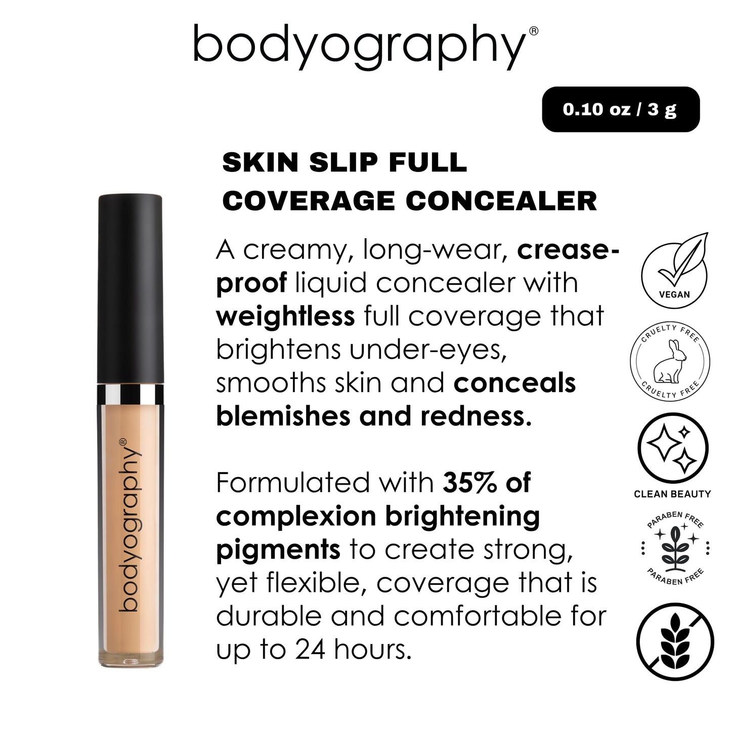 Bodyography Skin Slip Full-Coverage Liquid Concealer | Lightweight, Buildable Formula with 35% Pigment | Infused with Glycerin & Vitamin E