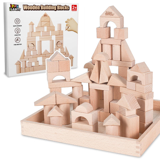 iPlay iLearn Wooden Building Block Set – Large Natural Wood Montessori Stacking Bricks for Toddlers & Kids Ages 2-8, Preschool Gift