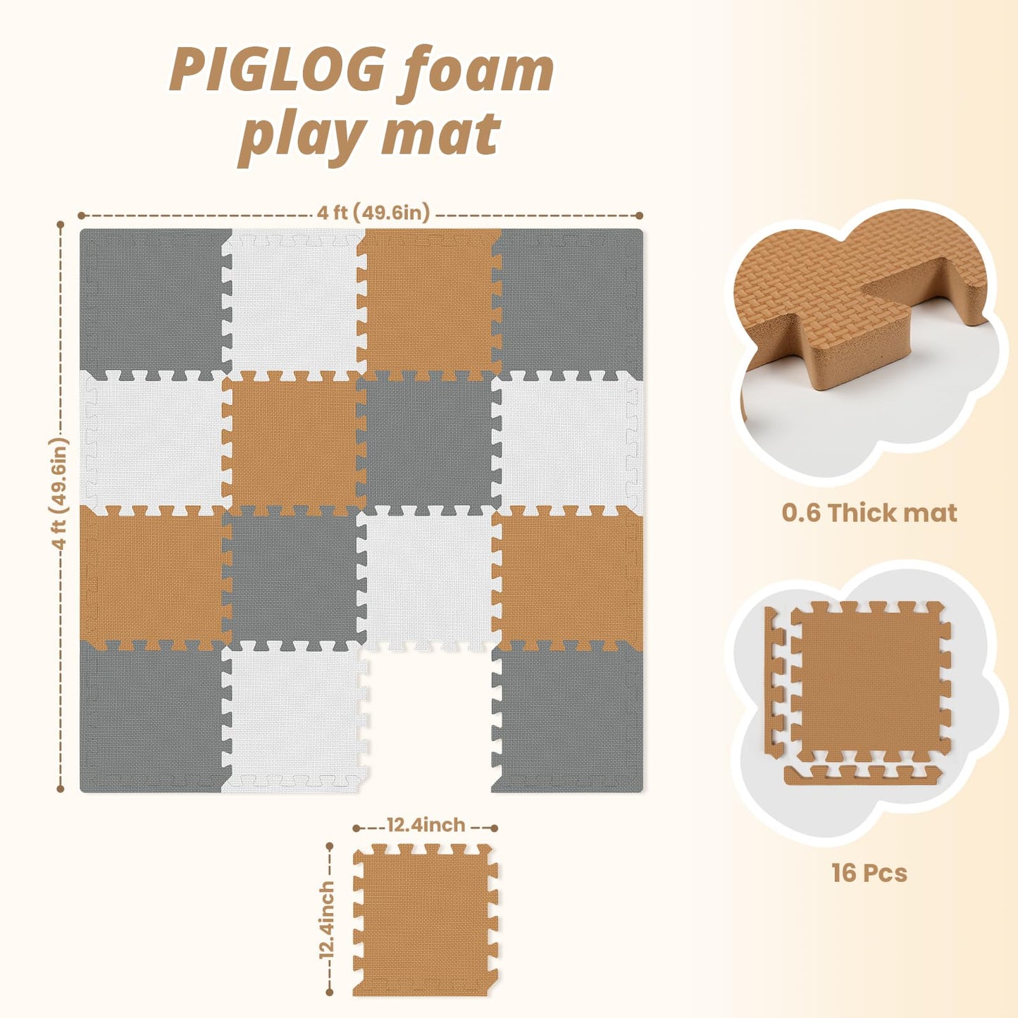 16 Tiles Baby Play Mat – 0.6" Thick EVA Foam Interlocking Floor Tiles, Soft Play Mat for Babies, Toddlers & Kids (White-Brown-Grey)