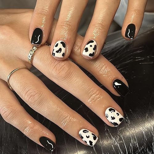 BABALAL Square Press-on Short Cow Print Nails - 24Pcs Cute Squoval Fake Glossy Black Acrylic Nails for Women and Girls