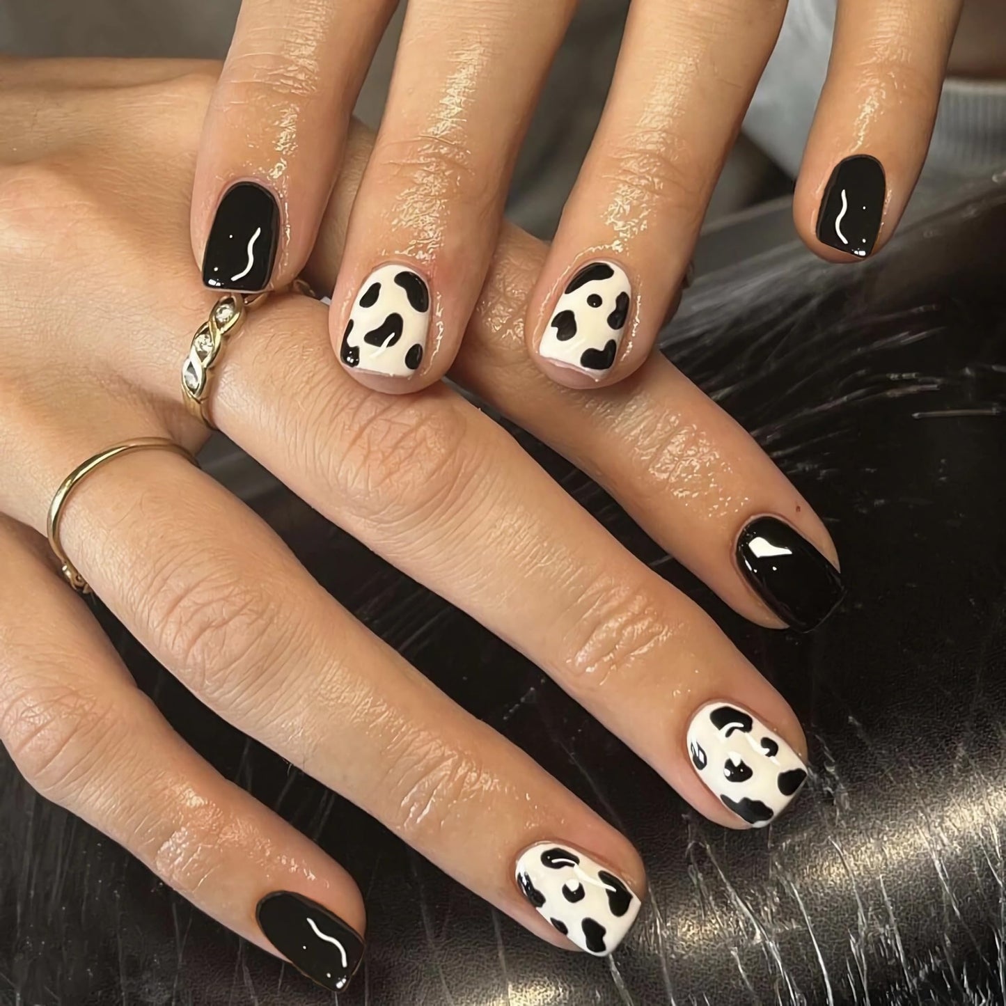 BABALAL Square Press-on Short Cow Print Nails - 24Pcs Cute Squoval Fake Glossy Black Acrylic Nails for Women and Girls