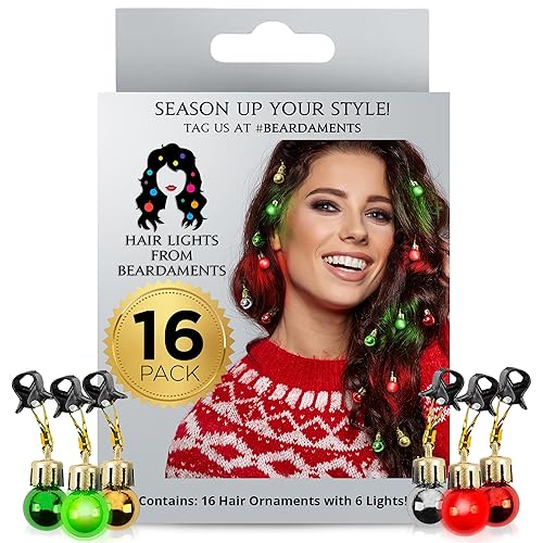 Beardaments Light Up Hair Lights - The Original Ornaments from, 16pc Colorful Christmas Hair Baubles for Holiday Cosplay Women Party Costume