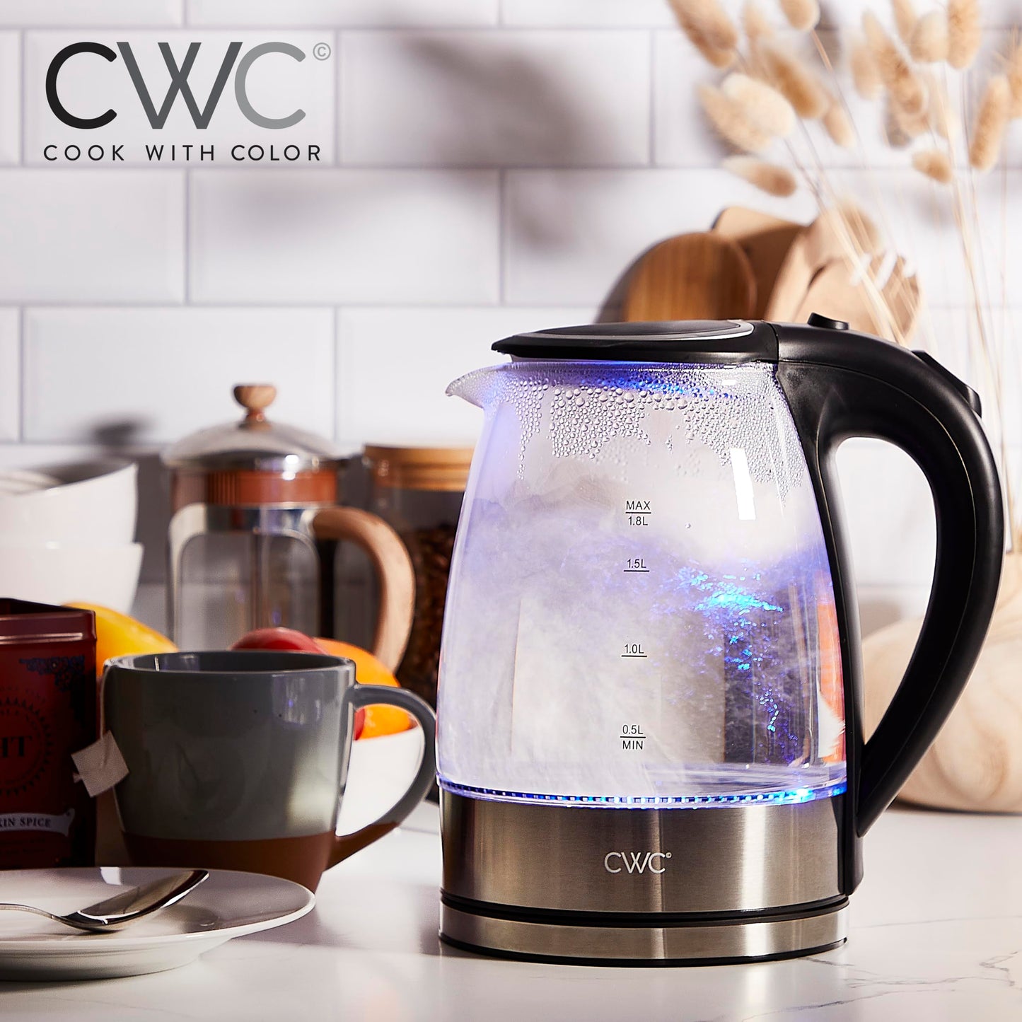 COOK WITH COLOR Electric Tea Kettle, 1.8L Cordless Hot Water Boiler, 1200W Rapid Boil, Auto Shutoff & Boil Dry Protection, BPA-Free, Sleek Countertop…