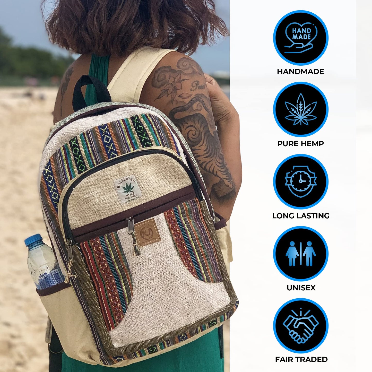 KayJayStyles Natural Handmade Large Multi Pocket Hemp Nepal Backpack